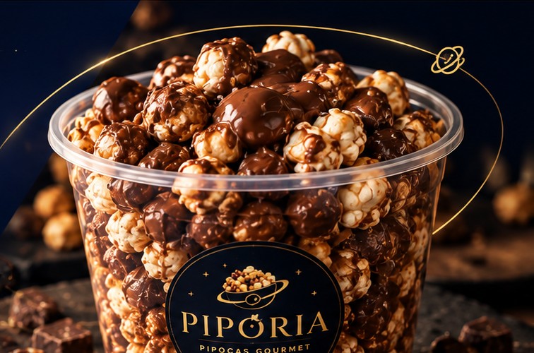 Balde de pipoca gourmet coberto de chocolate, com o selo da Pipória